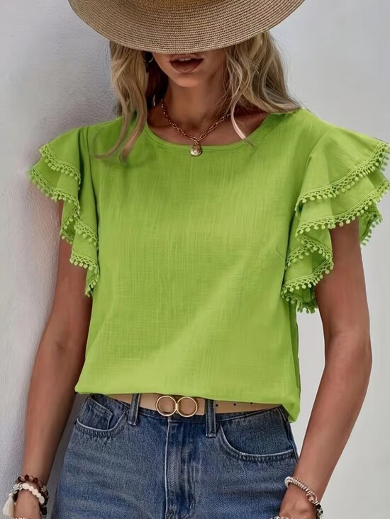 Tops - Solid Crew Neck Blouse, Elegant Layered Ruffle Sleeve Top